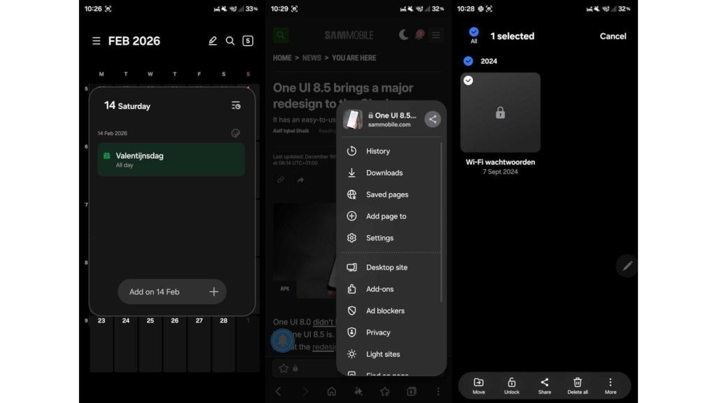 Samsung Calendar, Internet y Reminder en One UI 8.5