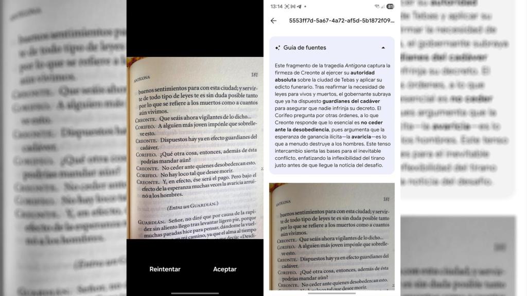 Una foto tomada de un fragmento de Sófocles para usarlo como fuente en NotebookLM