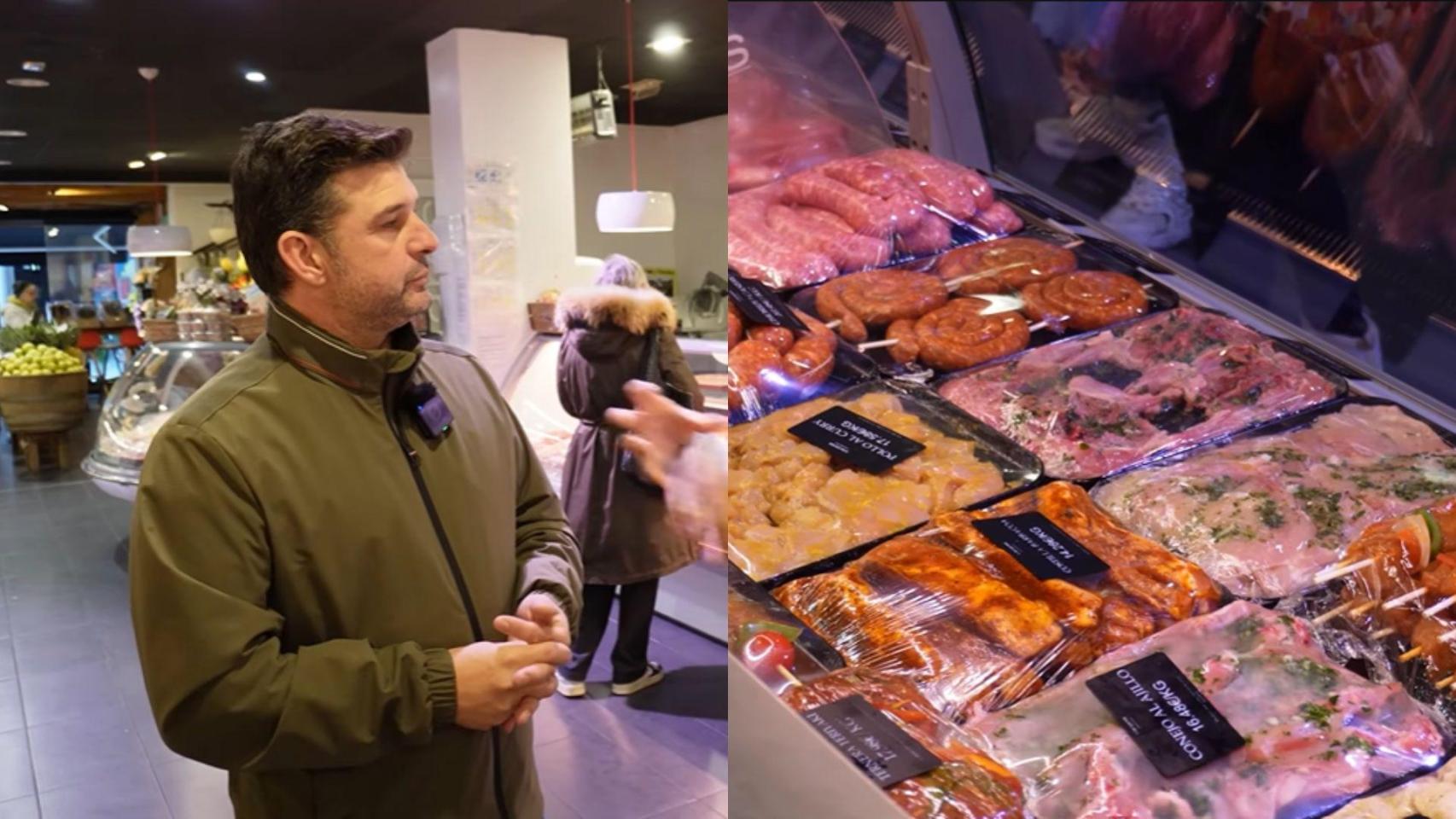 Montaje con una imagen de Tomás y una imagen de su carnicería.