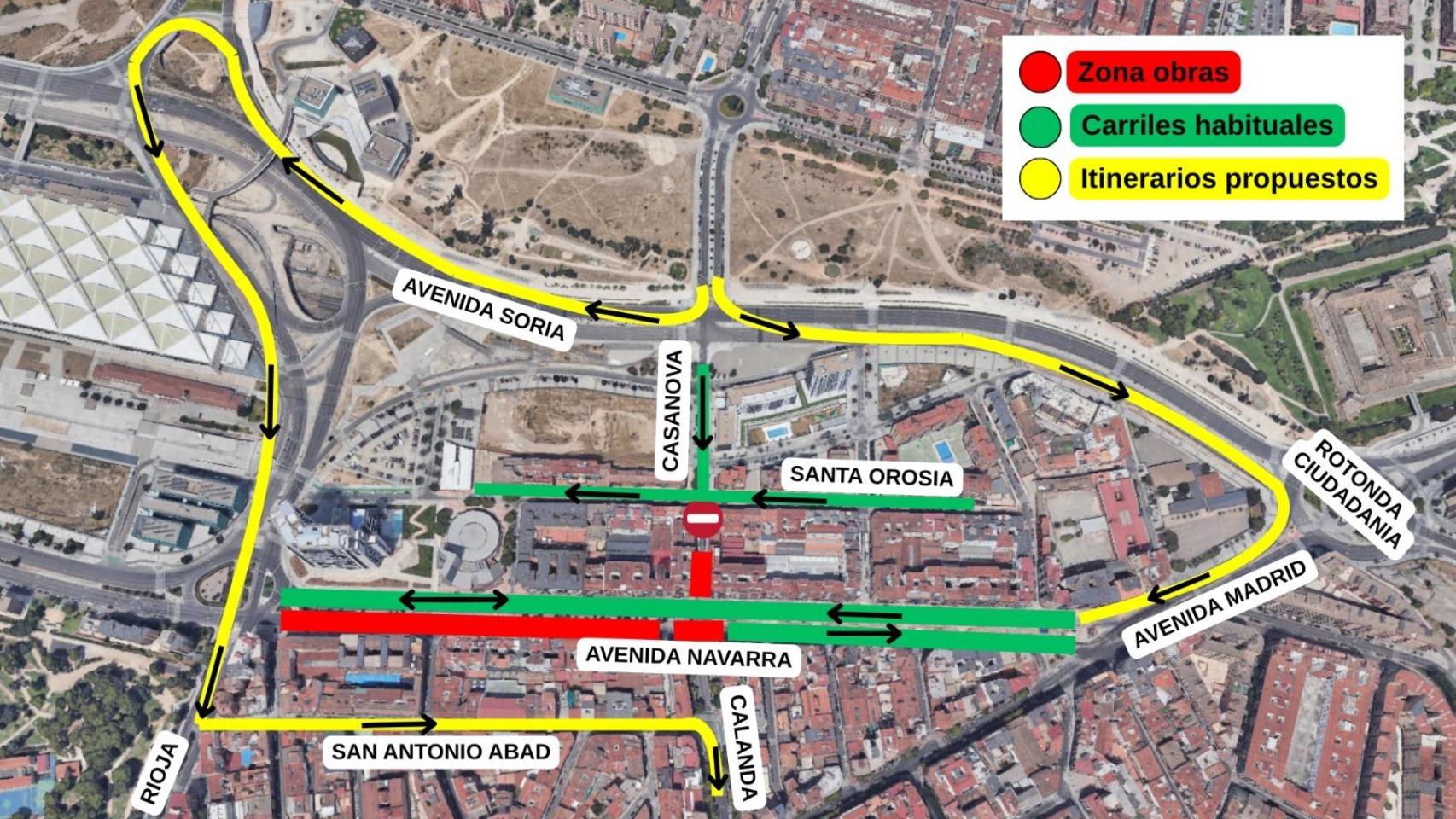 Mapa de los cortes de tráfico en Zaragoza por obras en la avenida Navarra.