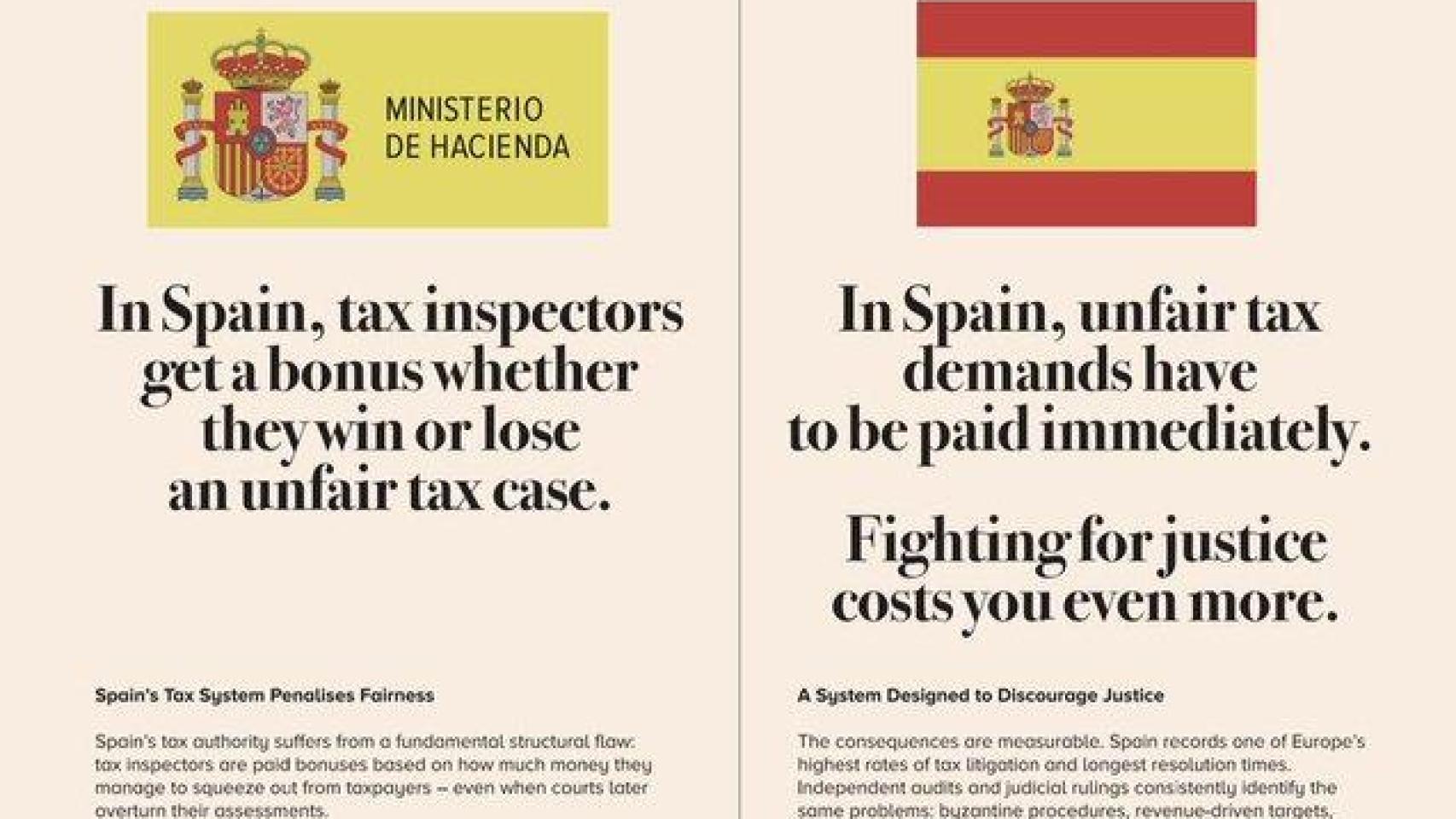 El anuncio contra Hacienda publicado este fin de semana en el 'Financial Times'.