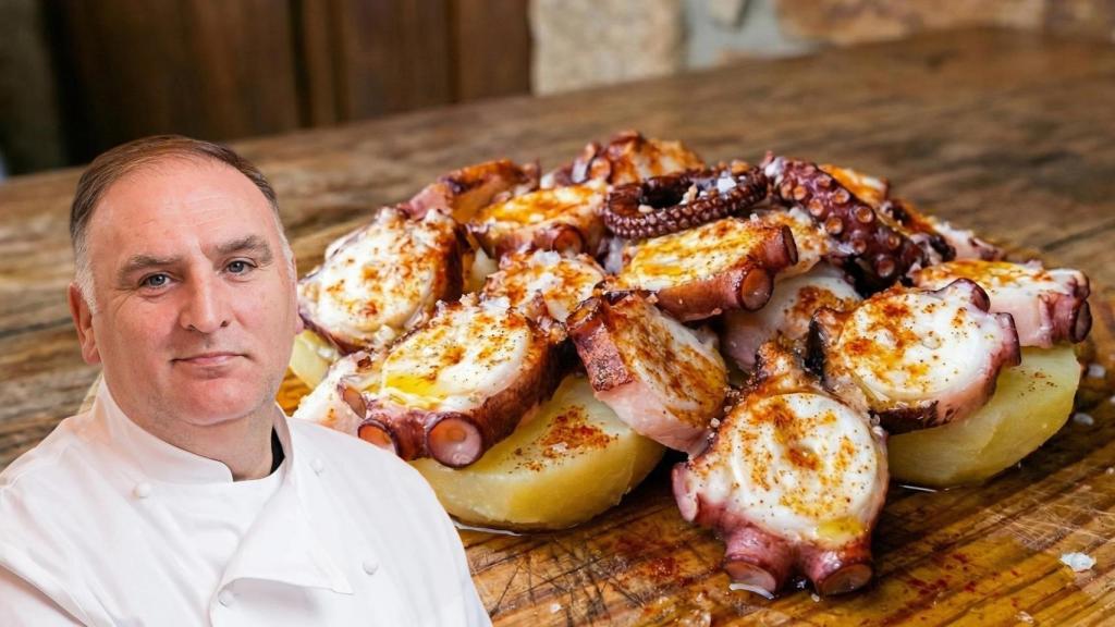 El chef José Andrés y un plato de pulpo en un montaje de El Español