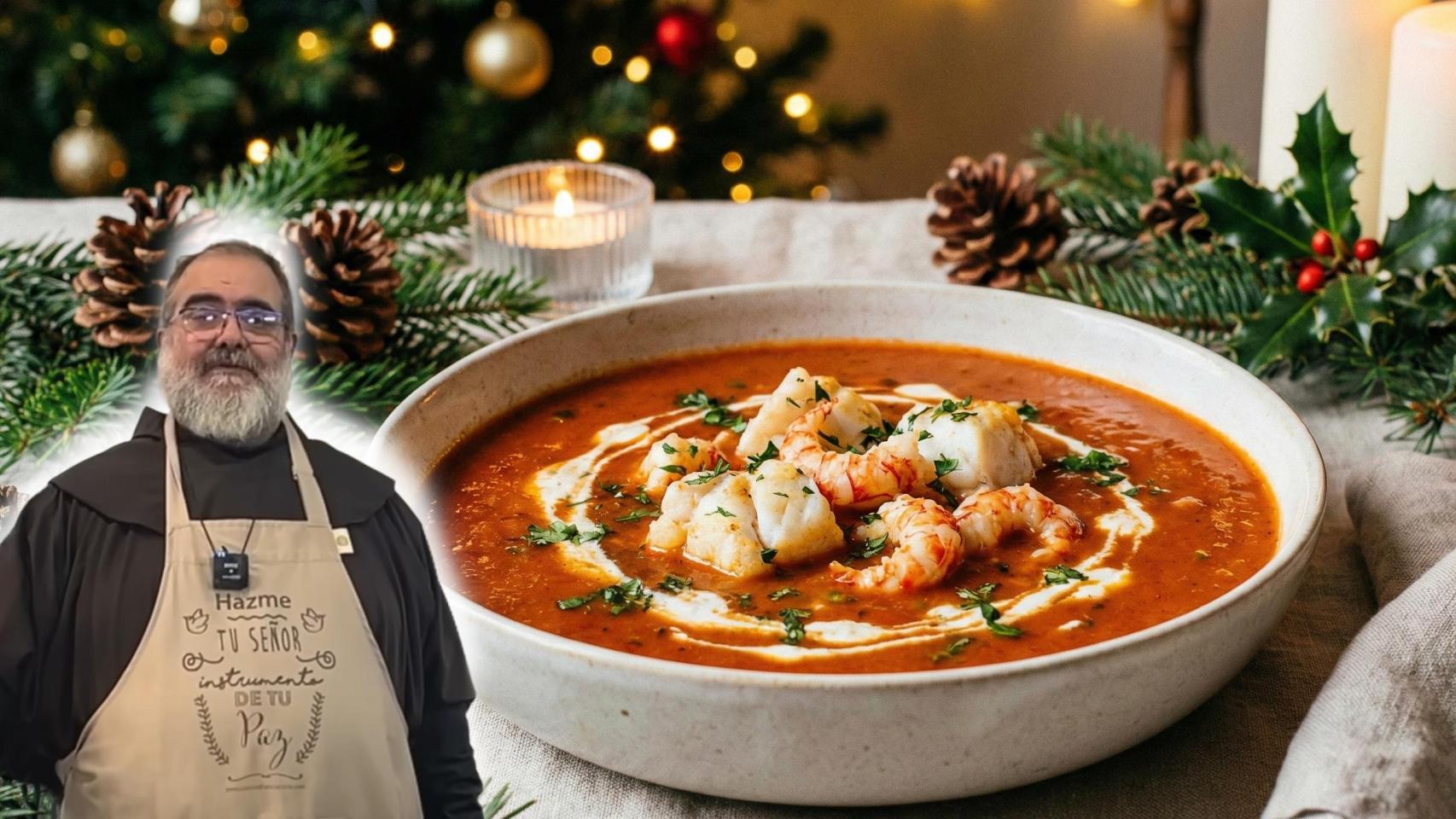 Fray Ángel, cocinero, con una sopa de marisco en un montaje de El Español