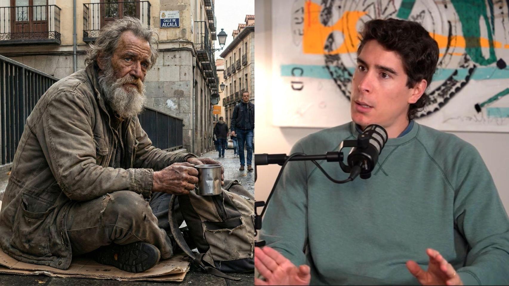 Montaje con una imagen de archivo de un sintecho y una imagen de Javier.