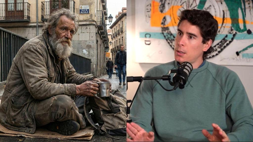 Montaje con una imagen de archivo de un sintecho y una imagen de Javier.