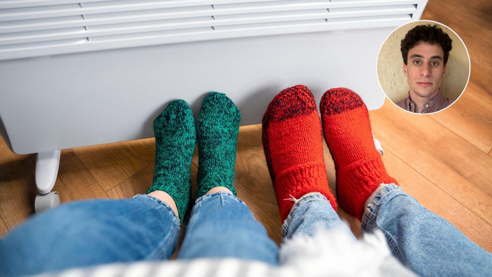 Montaje con una imagen de archivo de una familia con un radiador y una imagen de Iván Terrón