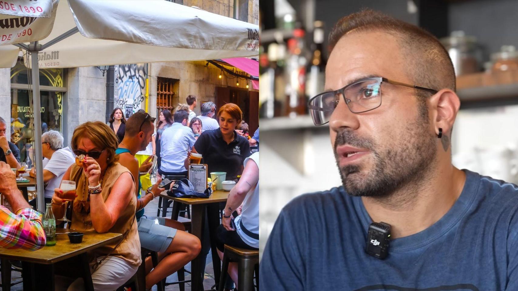 Montaje con una imagen de archivo de un bar y una imagen de Víctor.