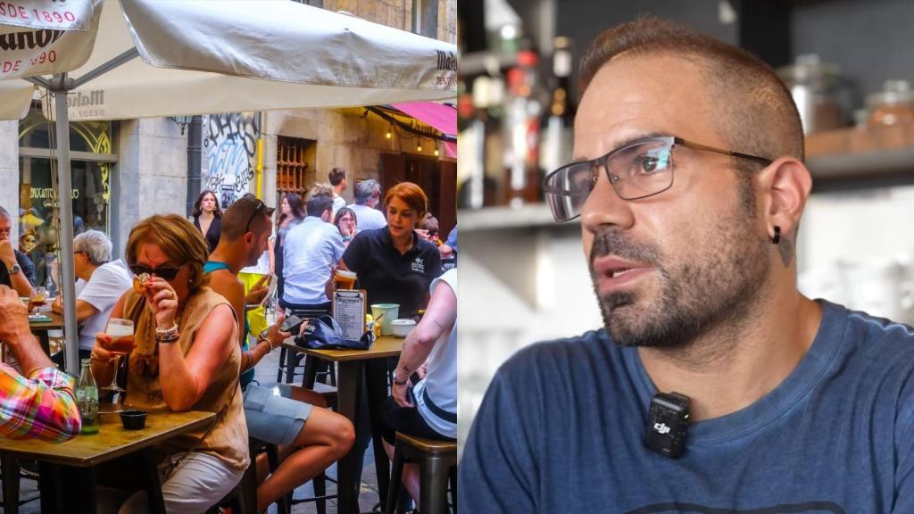 Montaje con una imagen de archivo de un bar y una imagen de Víctor.