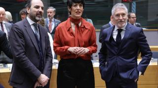 The Spanish ambassador to the EU, Marcos Alonso, the Minister of Migration, Elma Saiz, and the Minister of the Interior, Fernando Grande-Marlaska, during the meeting this Monday in Brussels