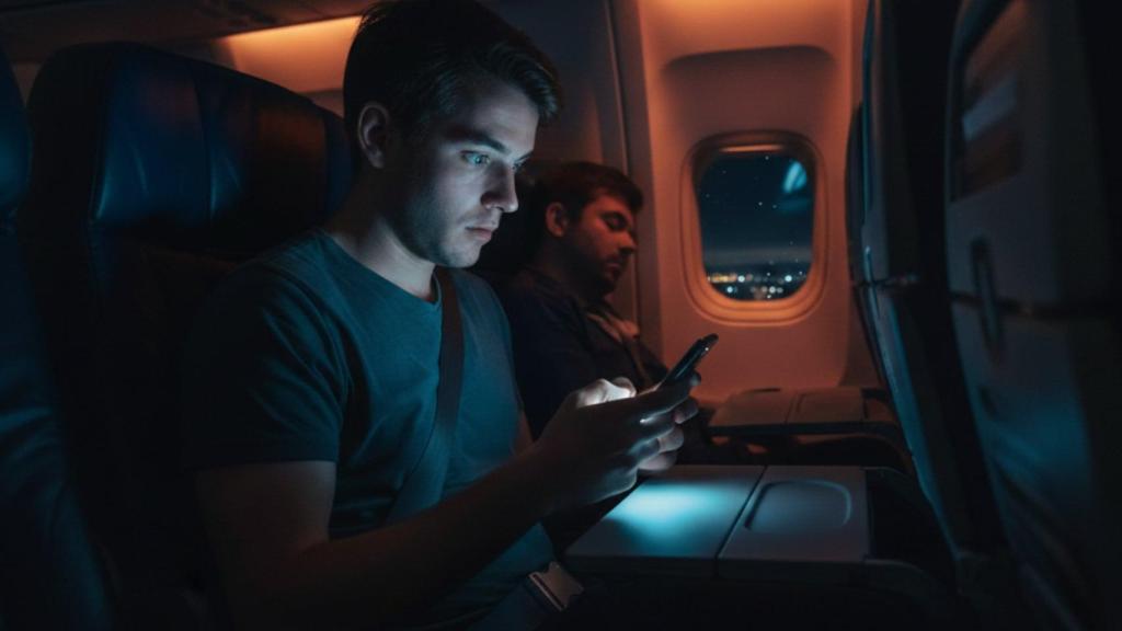 Un hombre usando el móvil en un avión a oscuras