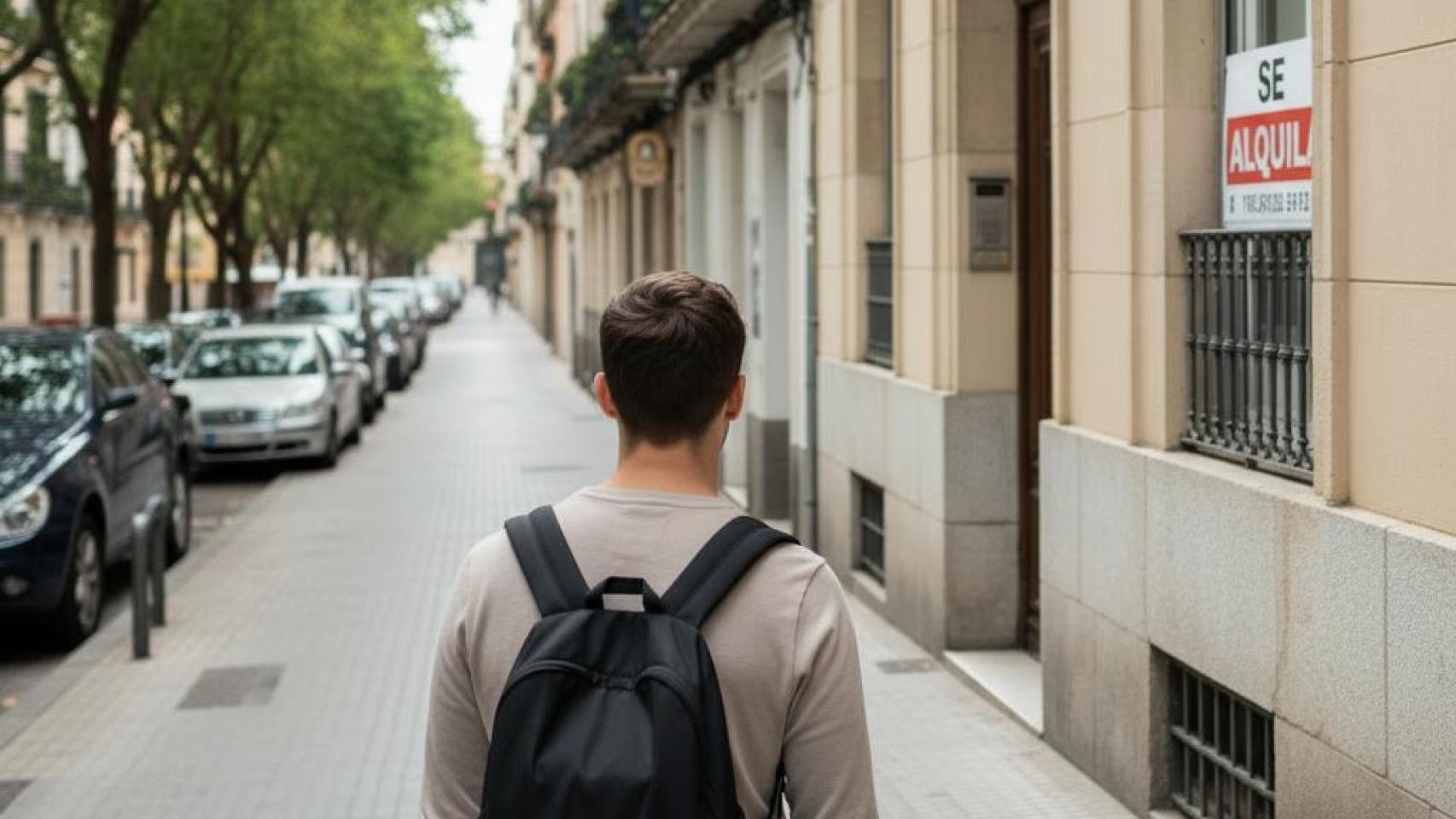 Imagen de un joven mirando una vivienda en alquiler.