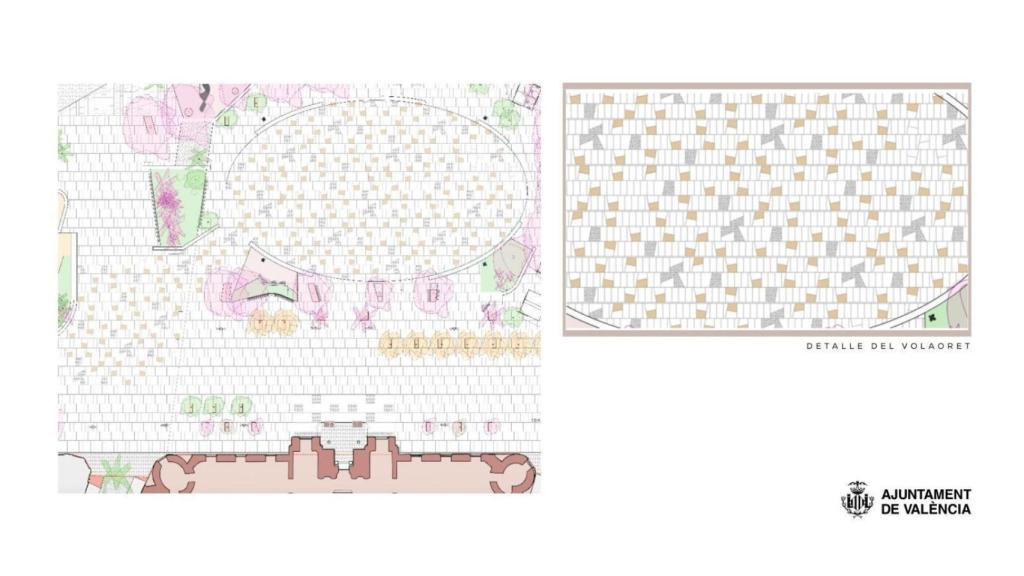 Espacio ovalado reservado para la mascletà en la nueva plaza del Ayuntamiento de Valencia. EE