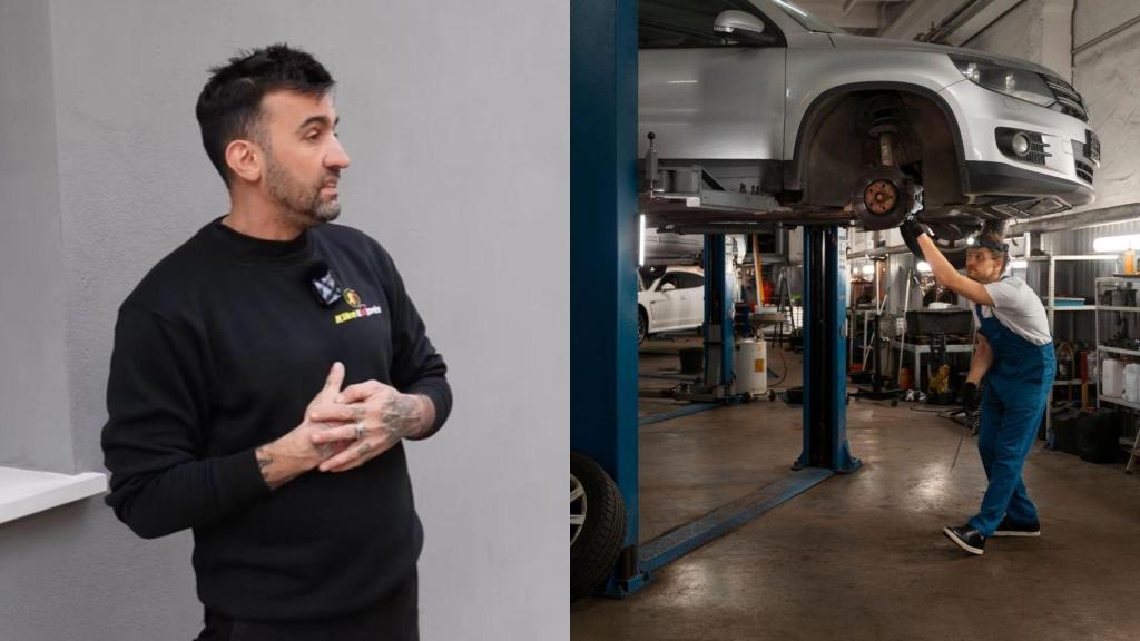 Montaje con una imagen de Kike y un mecánico.