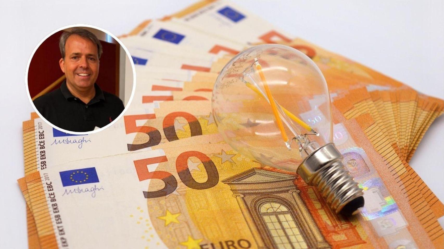 Montaje con Roberto Cavero, ingeniero, y un bombillo con dinero.