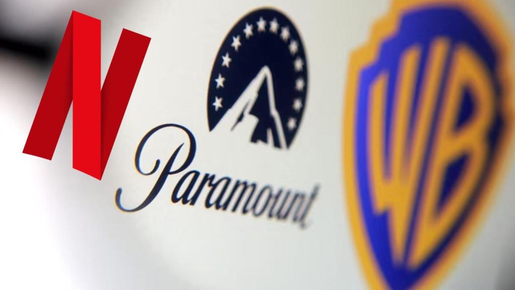 Ilustración con los logotipos de Netflix, Paramount Skydance y Warner Bros Discovery.