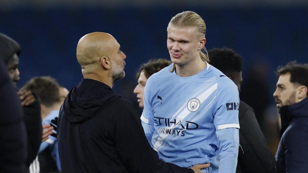 Pep Guardiola y Haaland, tras un partido del Manchester City