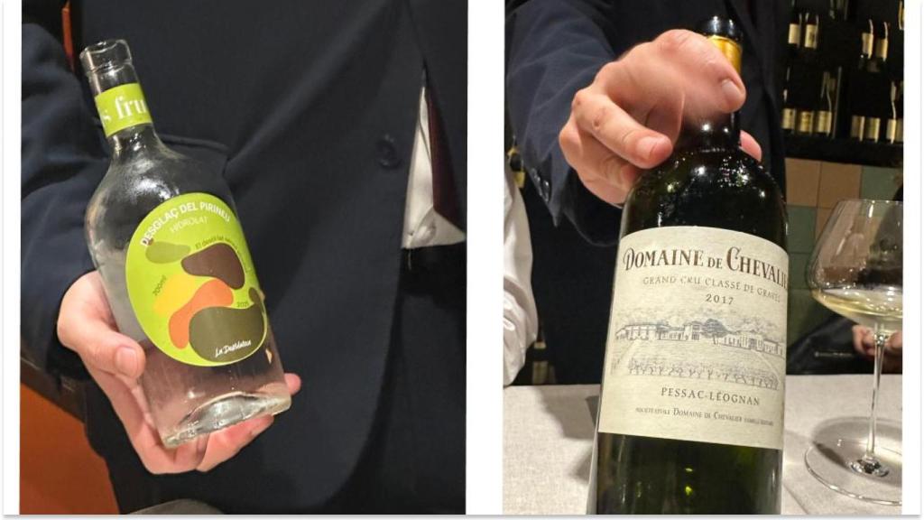 El deshielo del pirineo de La Destilateca y un vino con denominación de origen Pessac-Léognan de la región vinícola de Burdeos.