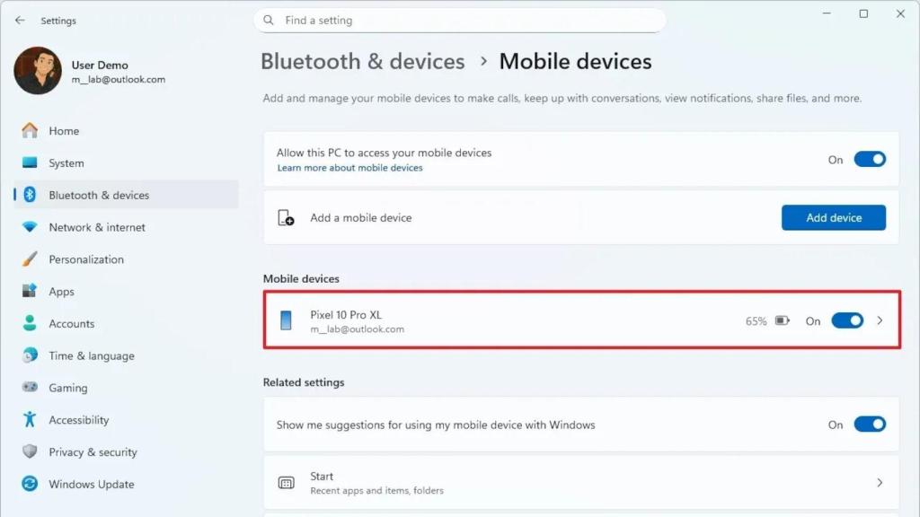 Los dispositivos conectados a Windows 11 como el móvil se pueden configurar en el mismo lugar