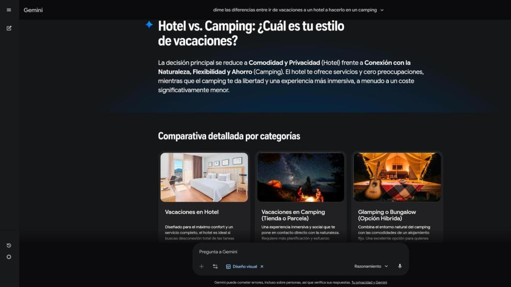 Contenido generado según el prompt introducido Dime las diferencias entre ir de vacaciones a un hoteo o hacerlo en un camping