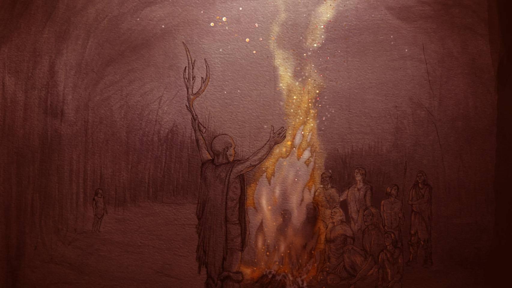 Reconstrucción de la fogata en el sitio de Barnham hace 400.000 años.  Craig Williams, The Trustees of the British Museum