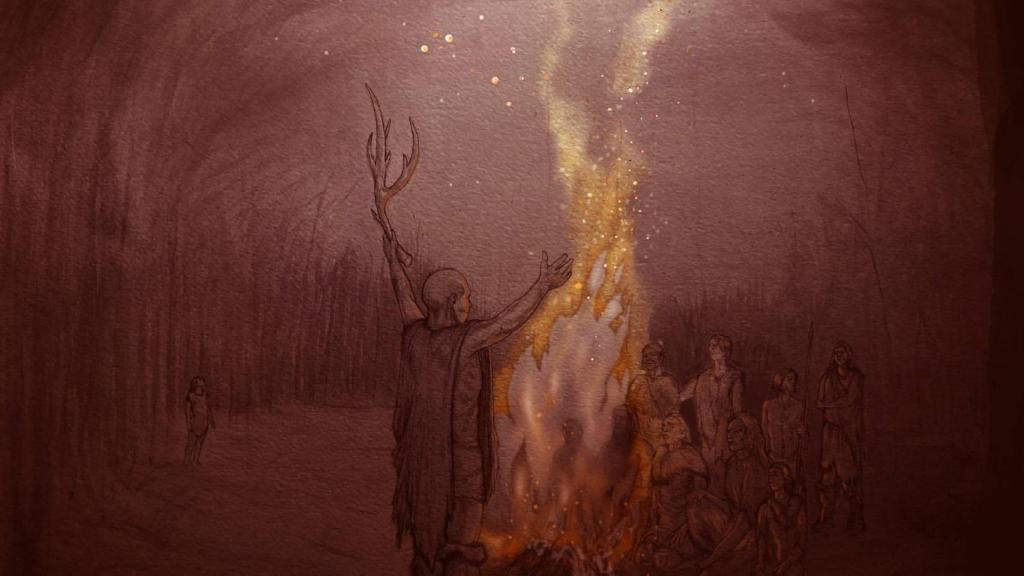 Reconstrucción de la fogata en el sitio de Barnham hace 400.000 años.  Craig Williams, The Trustees of the British Museum