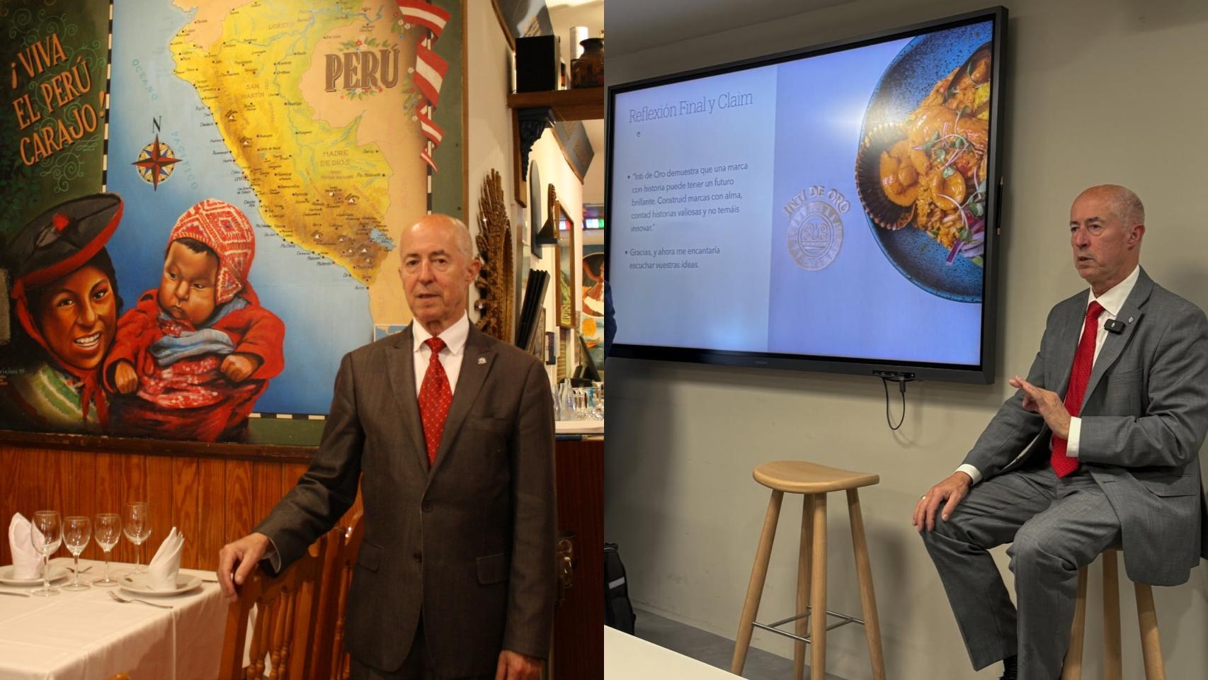 León Carrillo en su restaurante El Inti de Oro (izquierda) y dando clases en la universidad UNIE Madrid (derecha).