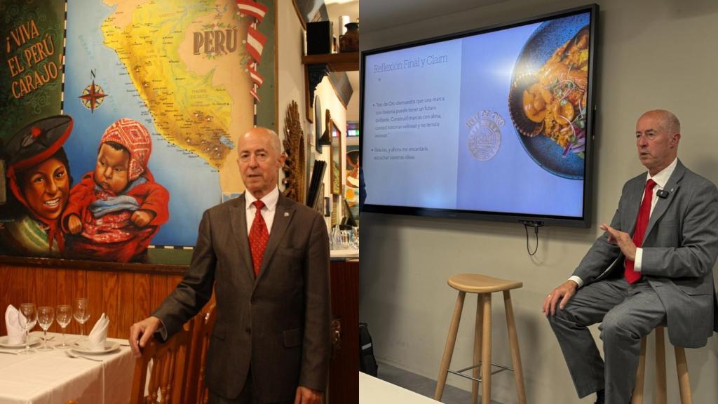 León Carrillo en su restaurante El Inti de Oro (izquierda) y dando clases en la universidad UNIE Madrid (derecha).