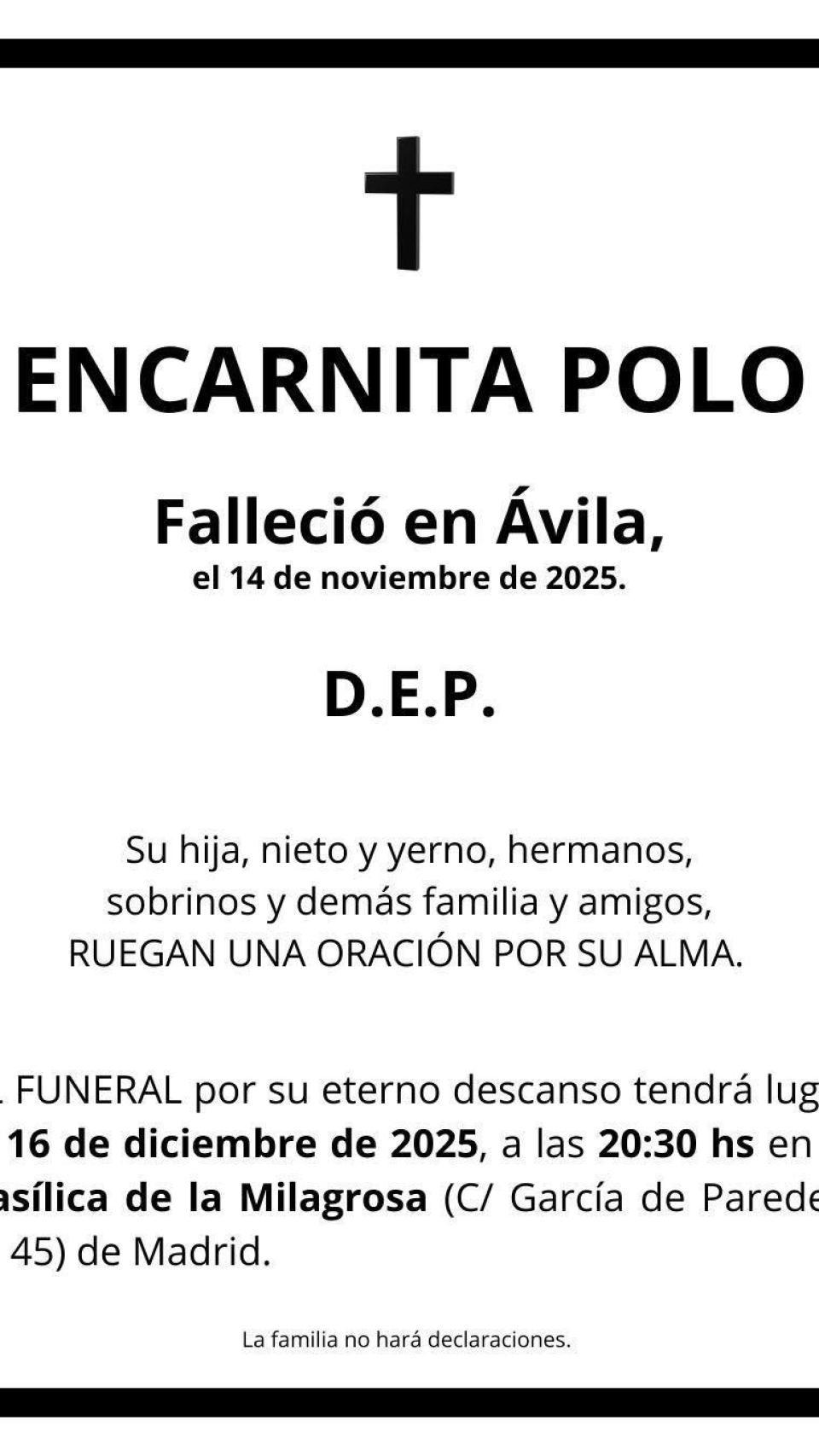 La esquela que ha compartido Raquel Waitzman, la hija de Encarnita Polo, en Facebook.