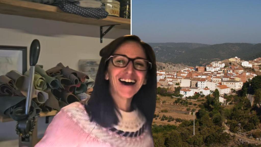 Vanesa, con una imagen de su taller de cuero y de Santa Cruz de Moya (Cuenca).