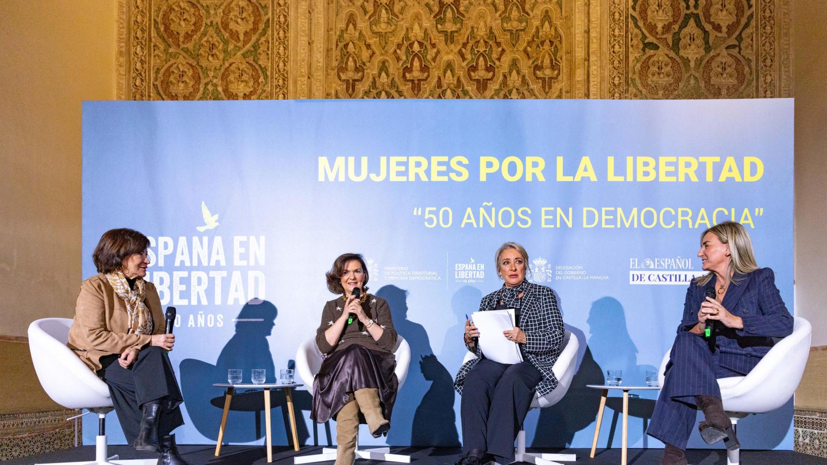 Nativel Preciado, Carmen Calvo, Esther Esteban y Milagros Tolón, en el evento celebrado este miércoles en el Museo Sefardí de Toledo.