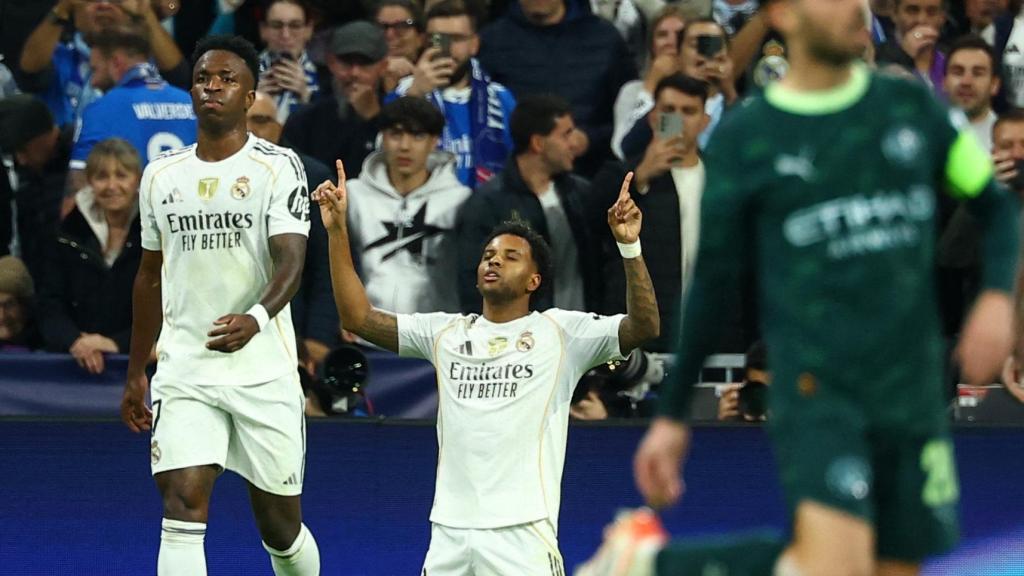 Rodrygo celebrates the goal scored against Manchester City.