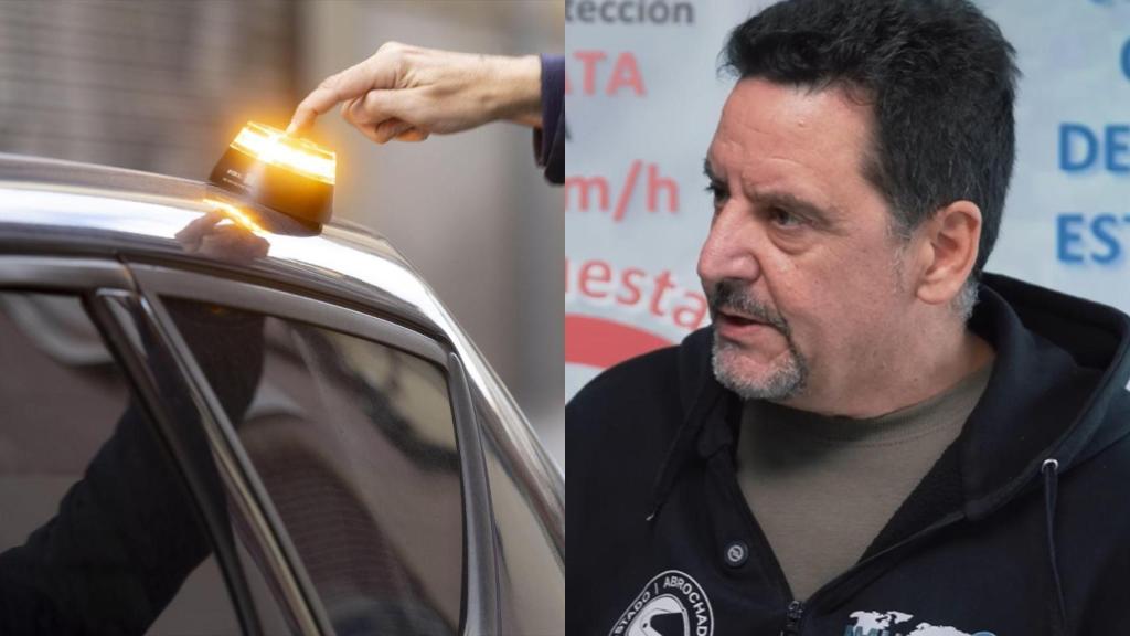 Montaje con una imagen de la baliza V16 y de Juan Carlos Toribio.