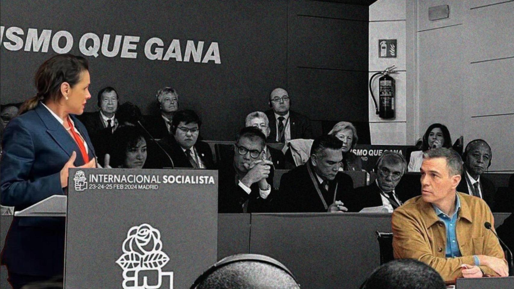 Sofía Carvajal, líder del PRI, habla en una reunión de la Internacional Socialista celebrada en 2024, mientras Sánchez la escucha.