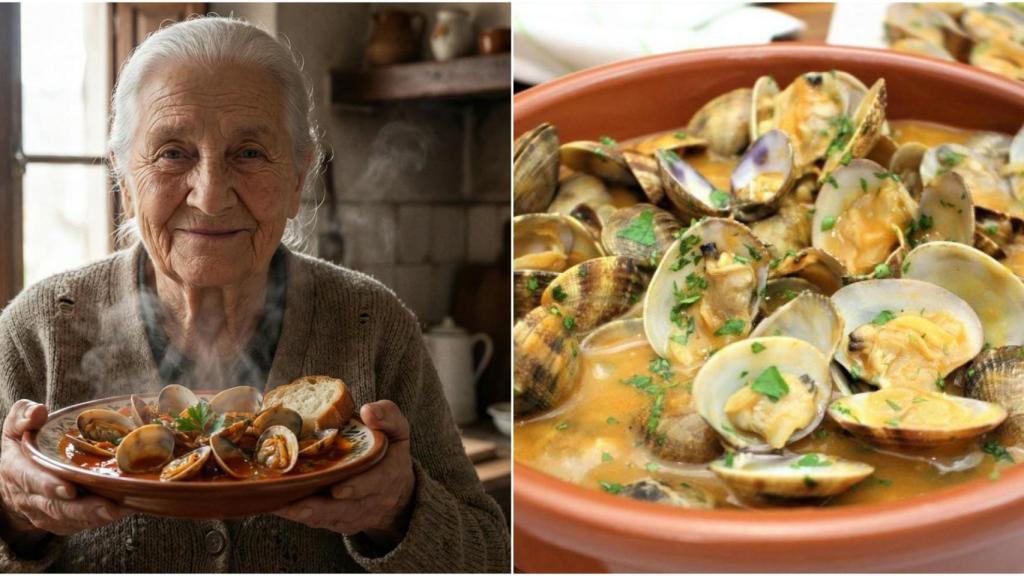 Abuela cocinera con un plato de almejas a la marinera.