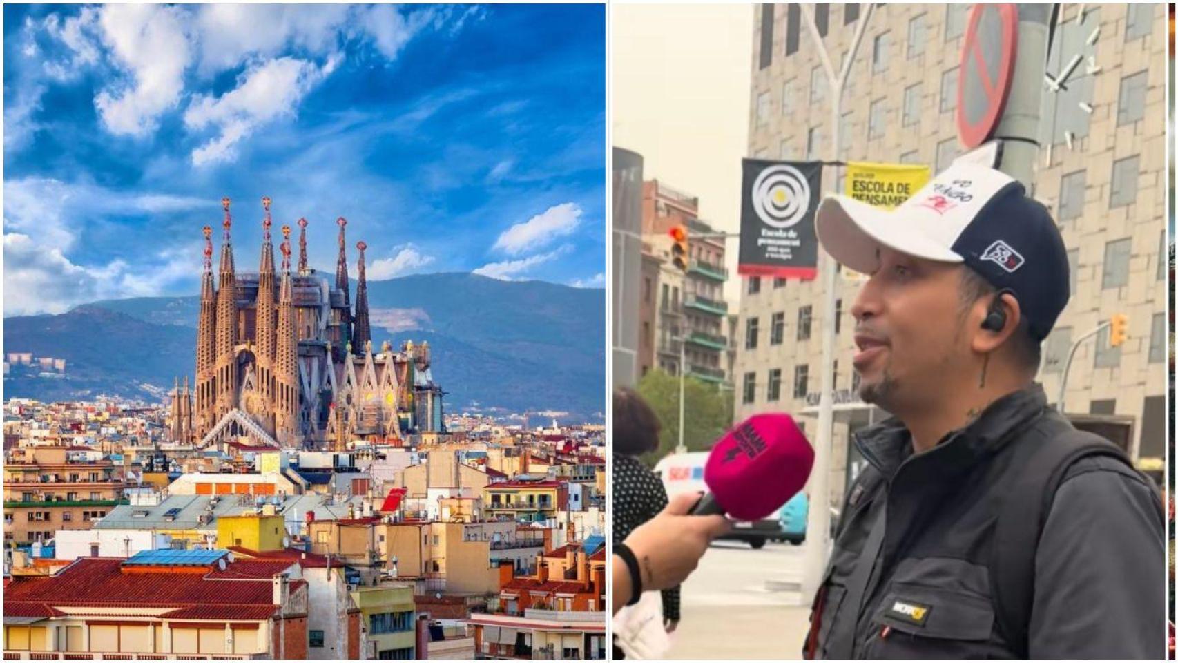 Montaje de Barcelona y un inmigrante pluriempleado.