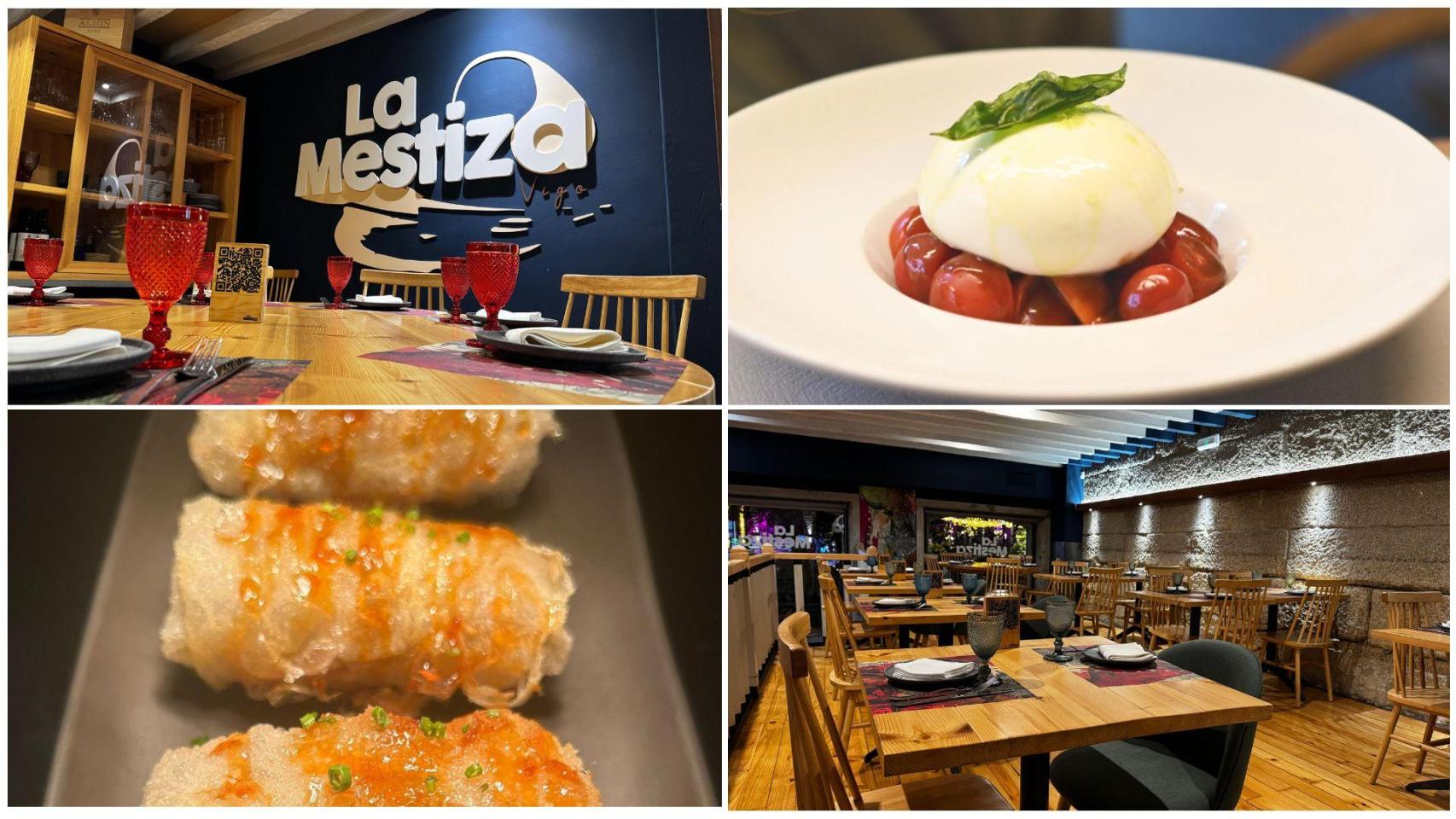 Sala y platos del restaurante La Mestiza, de Vigo