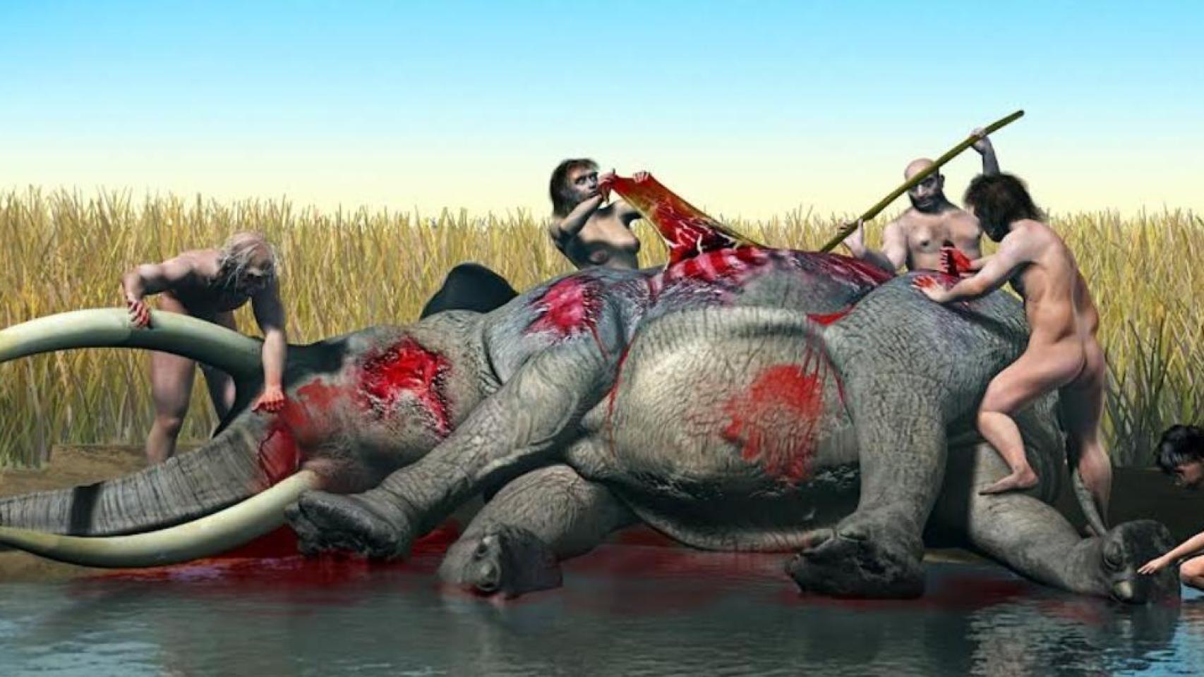 Recreación de varios neandertales despiezando una presa.