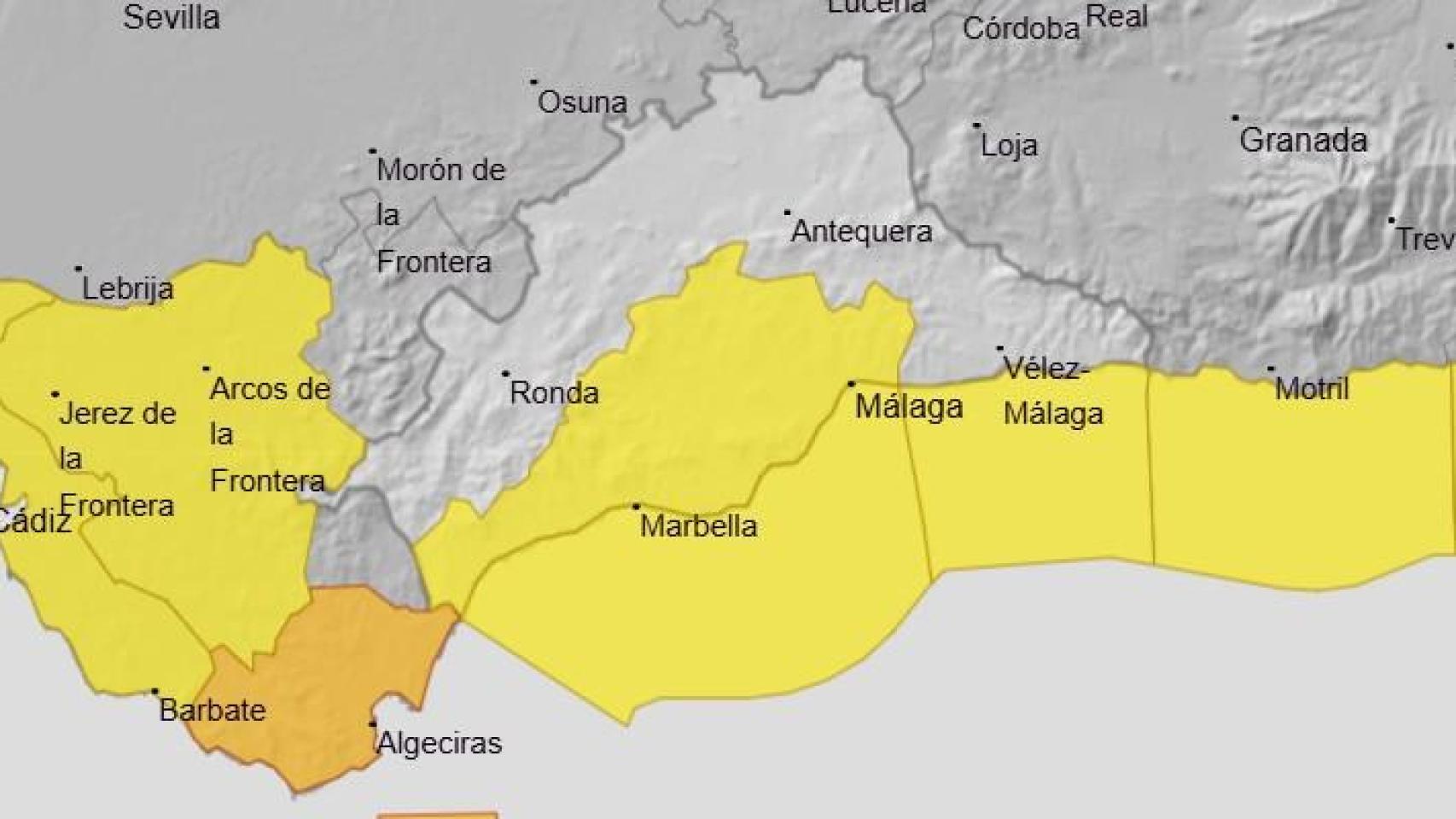 El mapa de avisos de la Aemet de este viernes en Málaga.