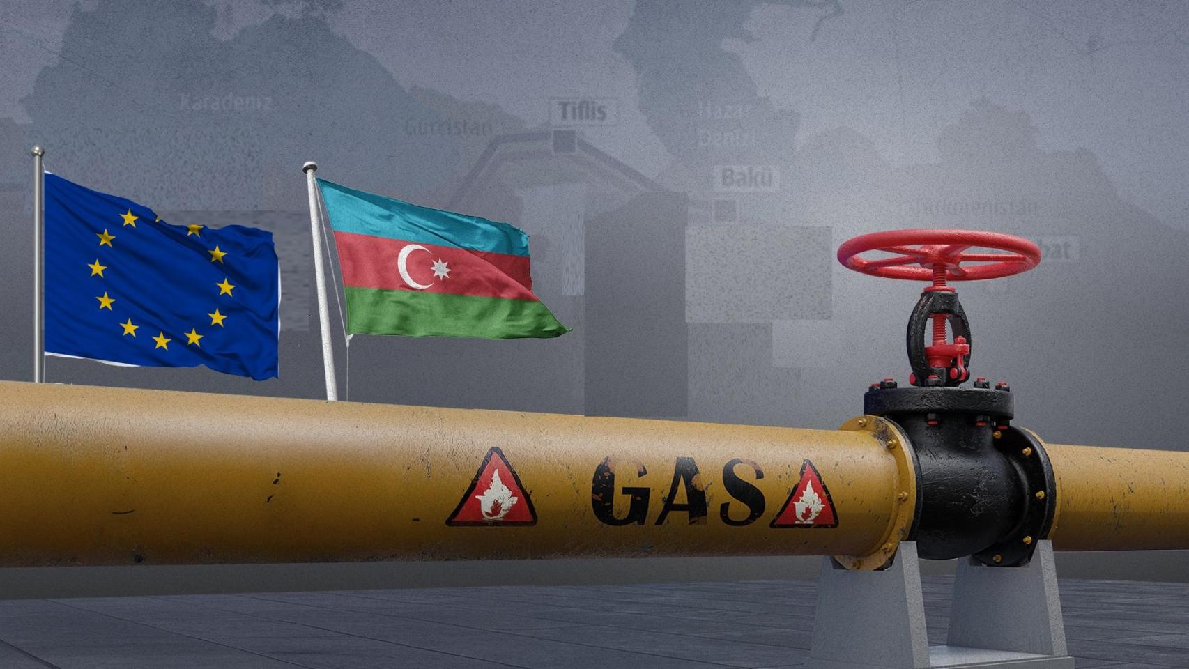 Fotomontaje de un gasoducto y dos banderas, una de la Unión Europea y otra de Azerbaiyán.