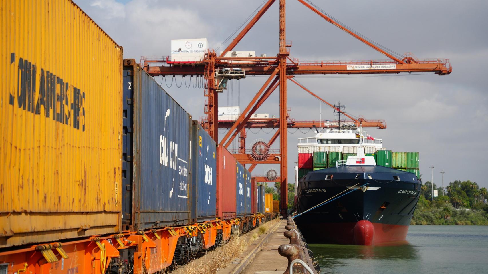 Operativa en el Puerto de Sevilla entre un tren y un buque.