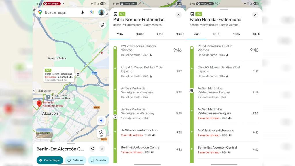 La línea de Alcorcón con el autobús en el mapa y la línea de paradas con su respectiva posición