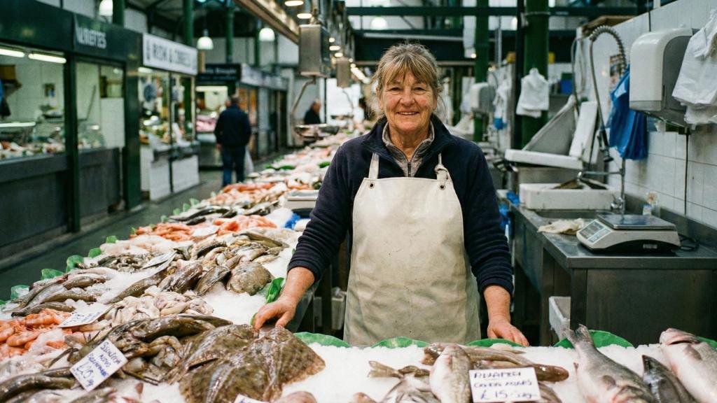 Lourdes, pescadera en su puesto de trabajo.