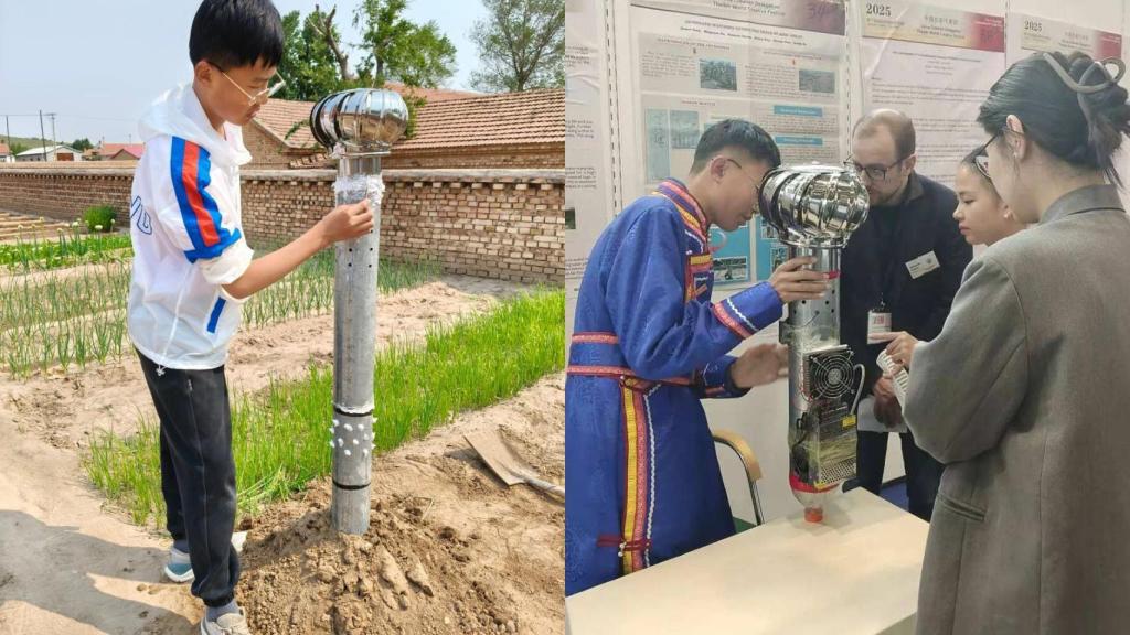 Jia Mingxuan junto con su invento que ayuda a los árboles a crecer en zonas áridas.