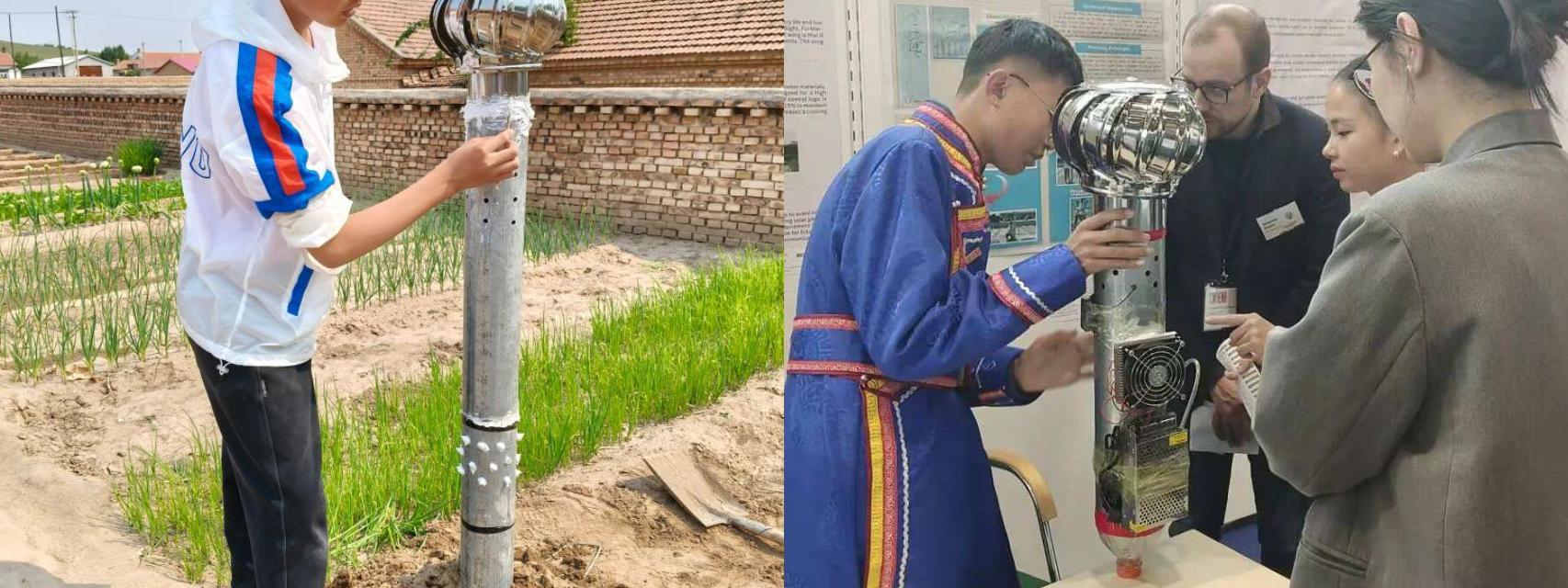 Jia Mingxuan junto con su invento que ayuda a los árboles a crecer en zonas áridas.