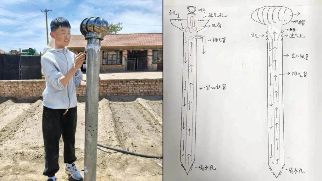 Jia Mingxuan junto con su invento que ayuda a los árboles a crecer en zonas áridas