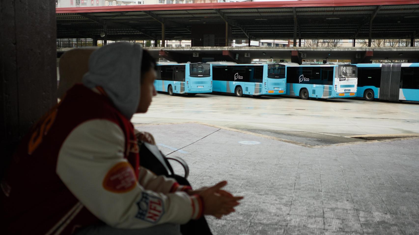 Un usuario contempla los autobuses, parados en la dársena por la huelga.