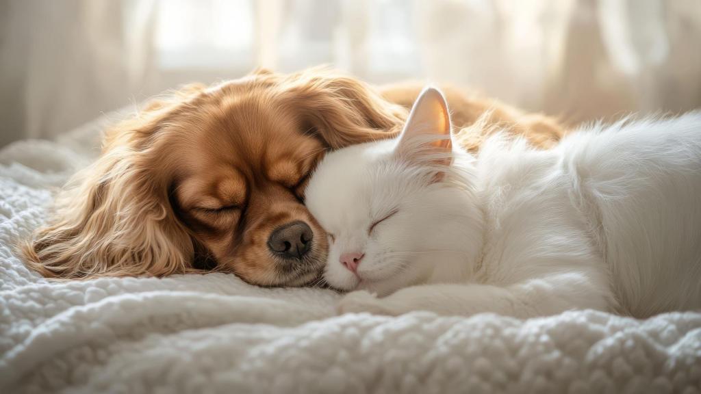 Un perro y un gato durmiendo juntos.