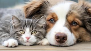 Un perro y un gato tumbados.