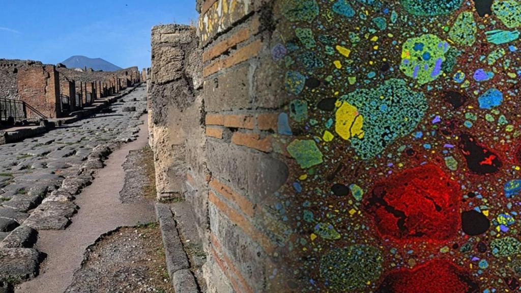 Una antigua pared de Pompeya en un yacimiento recién excavado.