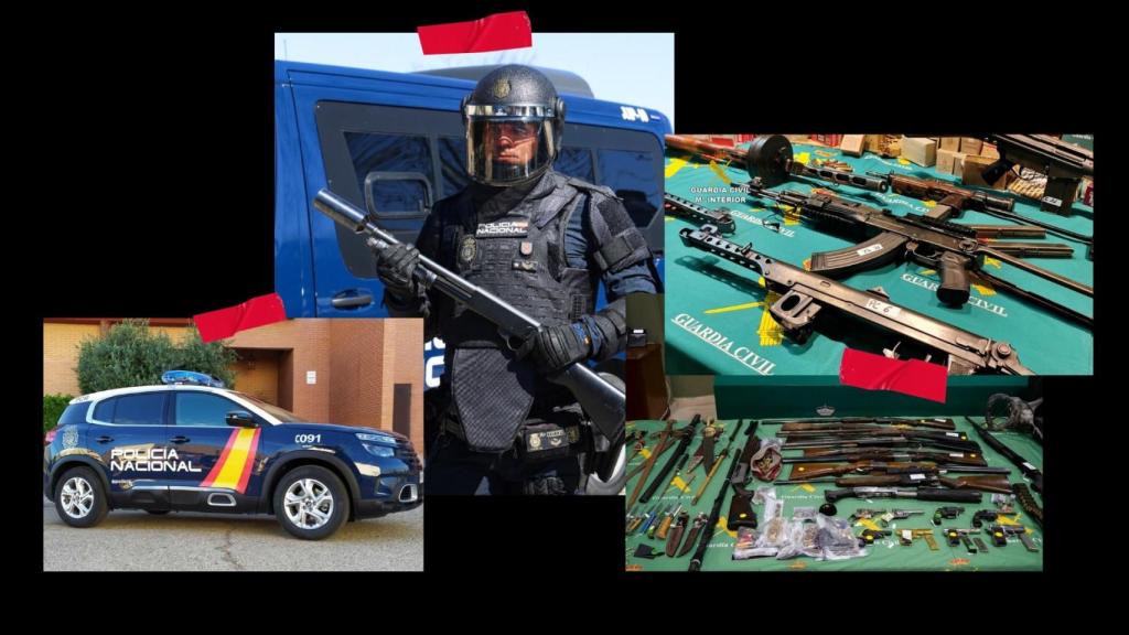 Un montaje con un policía nacional portando una escopeta SPS-350 adaptada para disparar proyectiles de goma y dos imágenes de armas incautadas por la Guardia Civil.